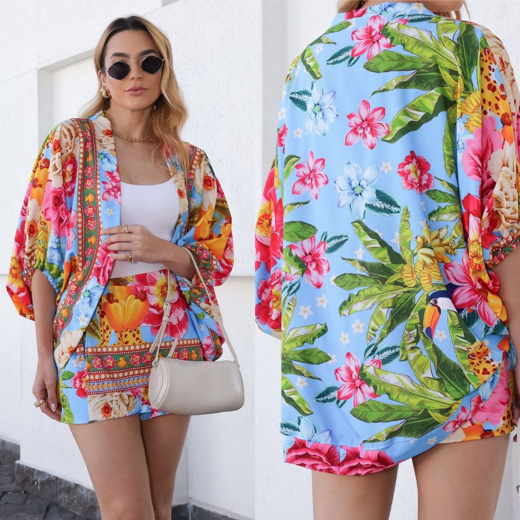 Conjunto 2 pc  feminino ( kimono + short saia )   ,estampa- flores, folhas, pássaros. . tecido crepinho , único veste 40 em Oferta na Shopee