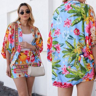 Conjunto 2 pc  feminino ( kimono + short saia )   ,estampa- flores, folhas, pássaros. . tecido crepinho , único veste 40 em Oferta na Shopee