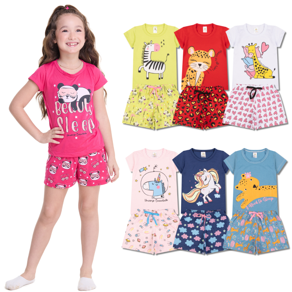 Kit Sortido 5 Pijama Infantil Menina - 5 Camisetas + 5 Bermudas - Kit com 5 Pijamas de Roupa Infantil Menina Verão Bebê em Oferta na Shopee