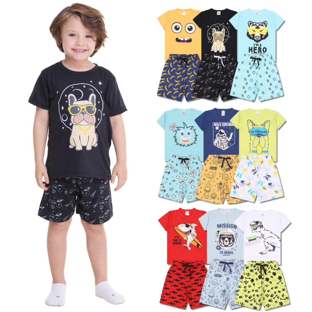 Kit Sortido 10 Peças Pijama Infantil Menino - 5 Camisetas + 5 Bermudas  Kit com 5 Pijamas de Roupa Infantil Menino Verão em Oferta na Shopee