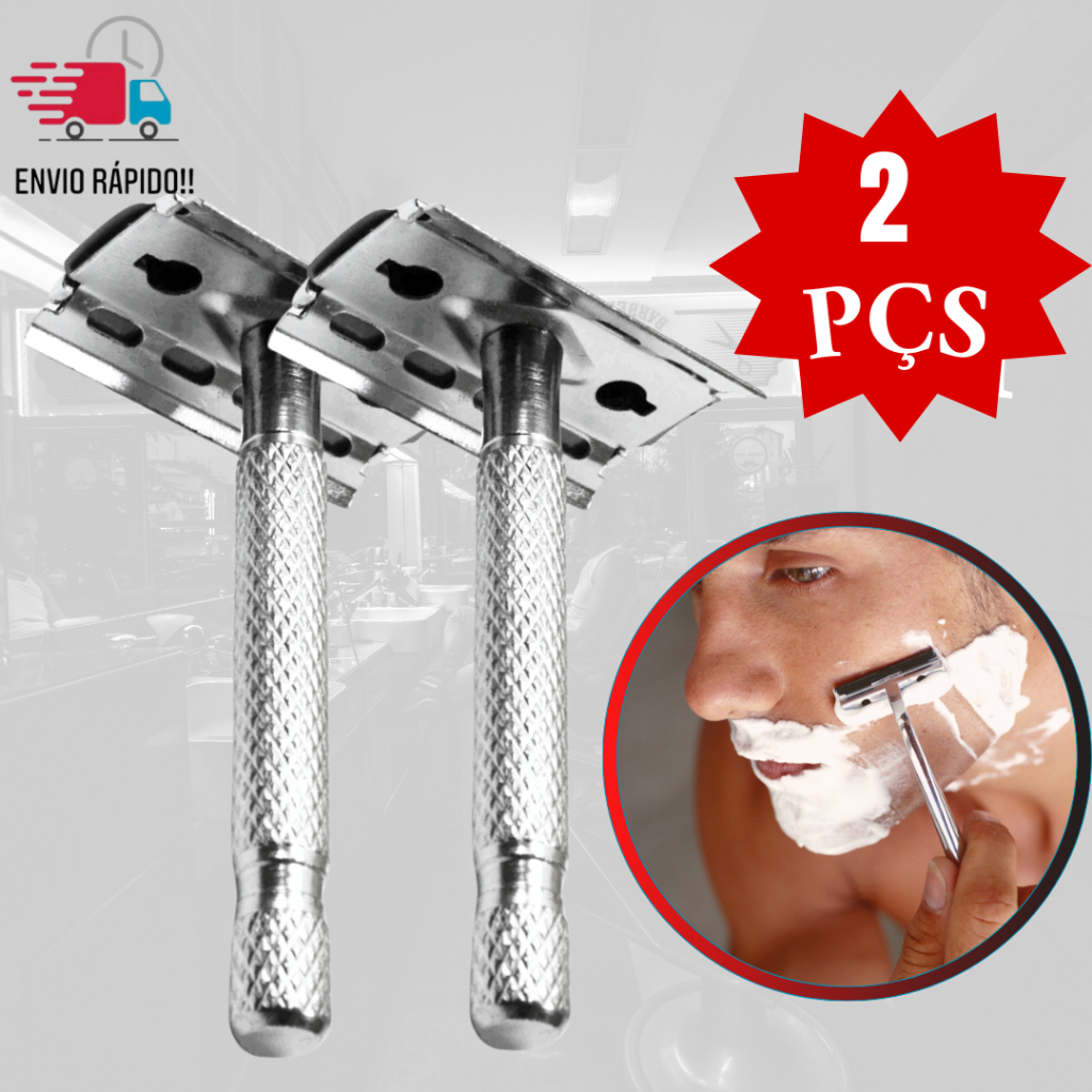 Kit Conjunto Jogo com 2 peças de  Barbeador  Aparelho de Barbear de Metal Articulado com Cabo Adaptável a Mão Acompanha uma Lâmina Retrô Afiada