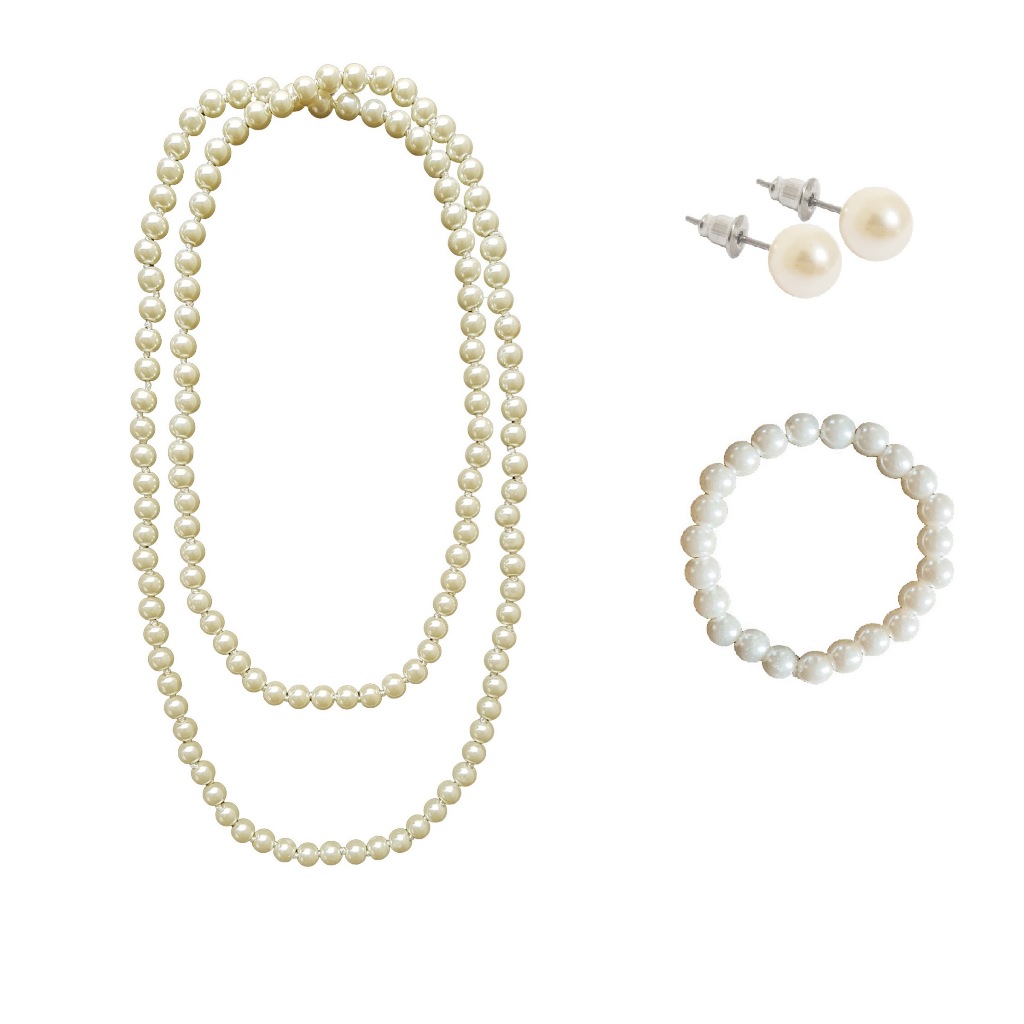Kit Colar Longo + Brincos + Pulseira Pérolas Bijuteria Fina Conjunto