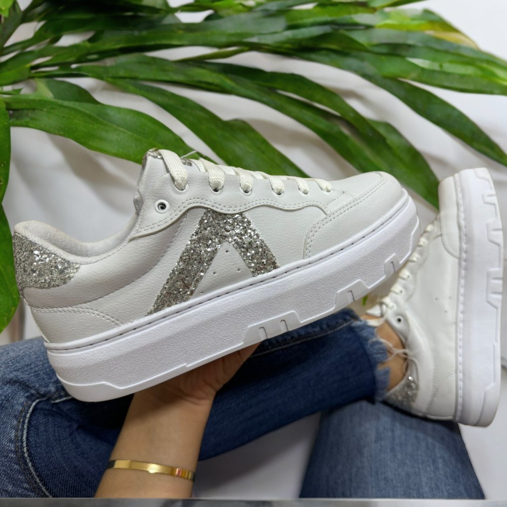 Tênis Branco Feminino Glitter Plataforma Casual Neutro Original e Sola Alta em Oferta na Shopee