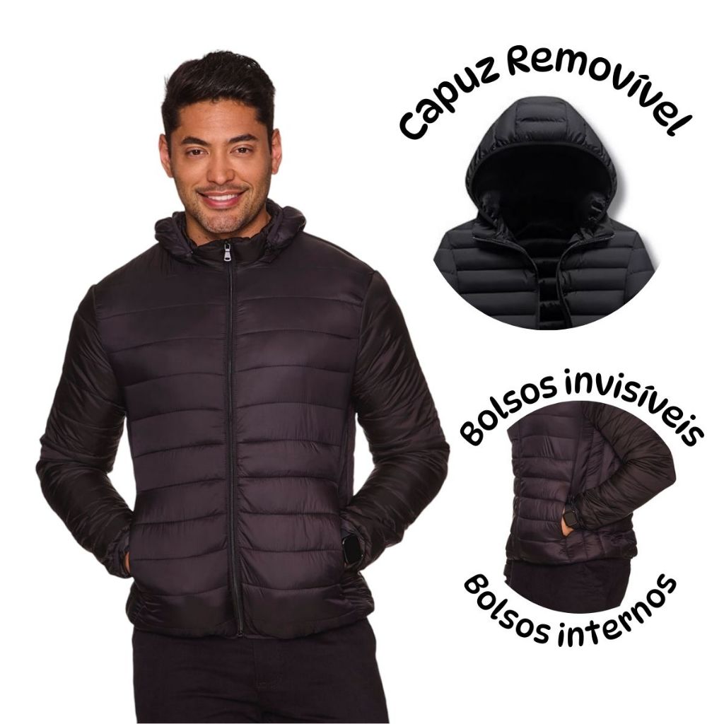 Jaqueta Puffer Com Capuz Removivel Bobojaco Inverno Preta em Oferta na Shopee