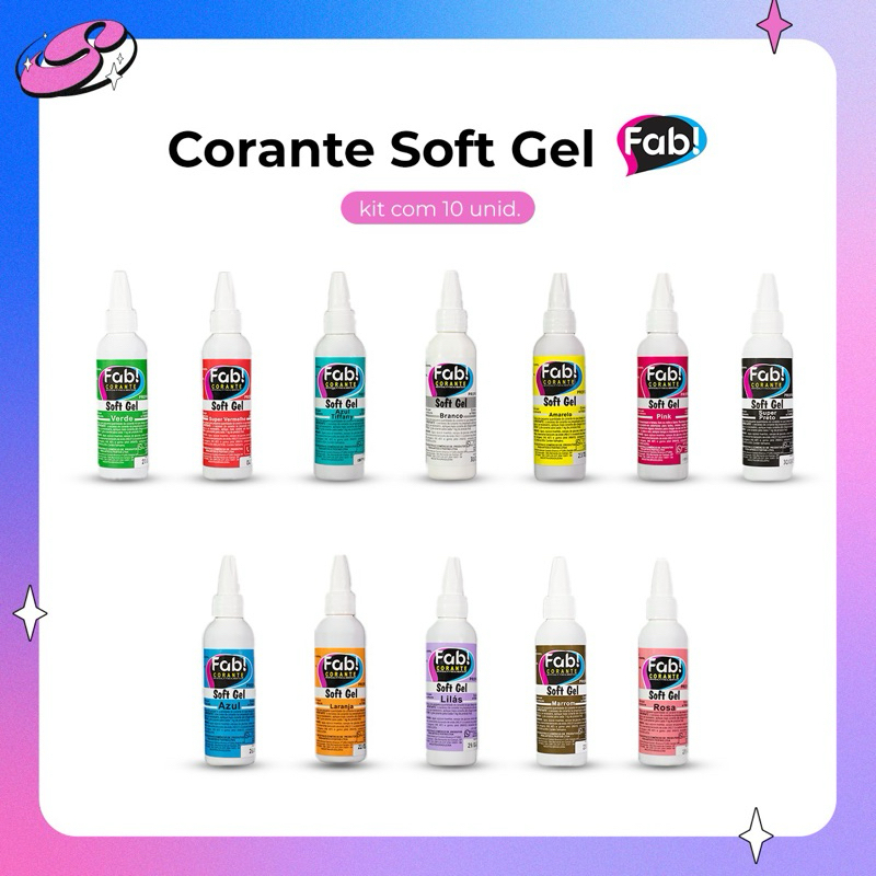 Corante Fab Soft Gel 25g (kit com 10 unidades) Comestível Alimentício Bolo Chantilly Pasta Americana - escolha as cores