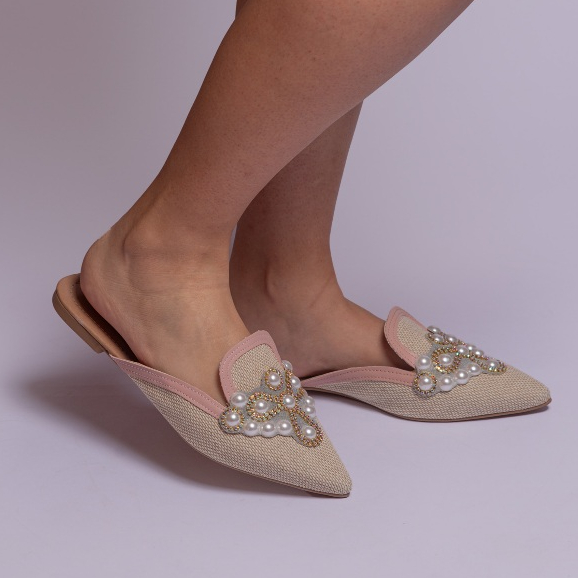 Mule Sapatilha Feminino Pedraria Strass Bico Fino Moderno Confortável Estilo Jaqueline Costa