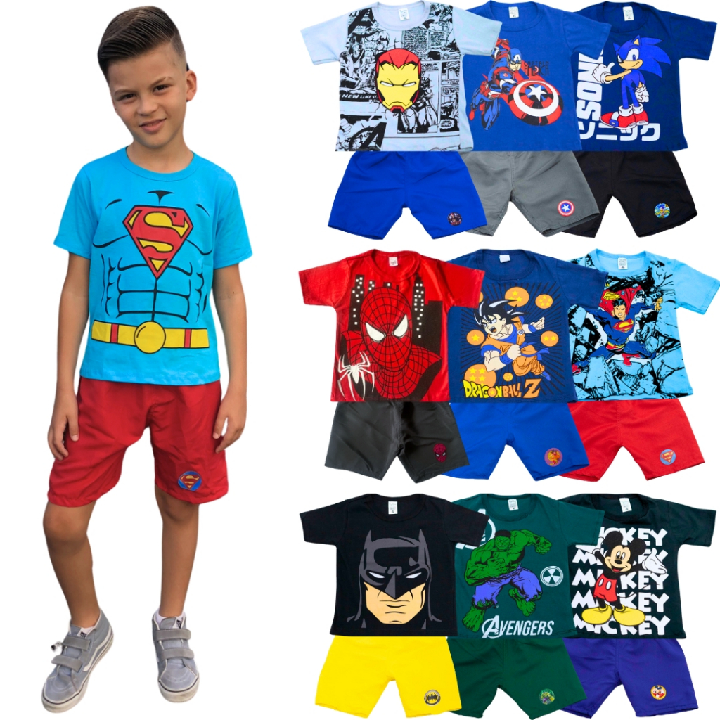 Kit Sortido 6 Peças De Roupas Menino- 3 Camisetas + 3 Bermudas em Oferta na Shopee
