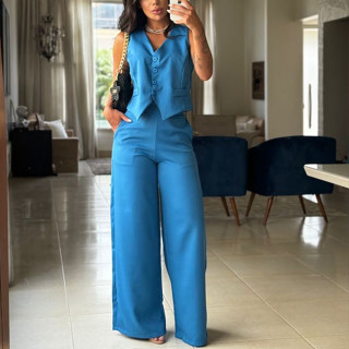 Conjunto Social Calça Pantalona Cintura alta bolsos Alfaiataria Colete Botões Uniforme  Pl...