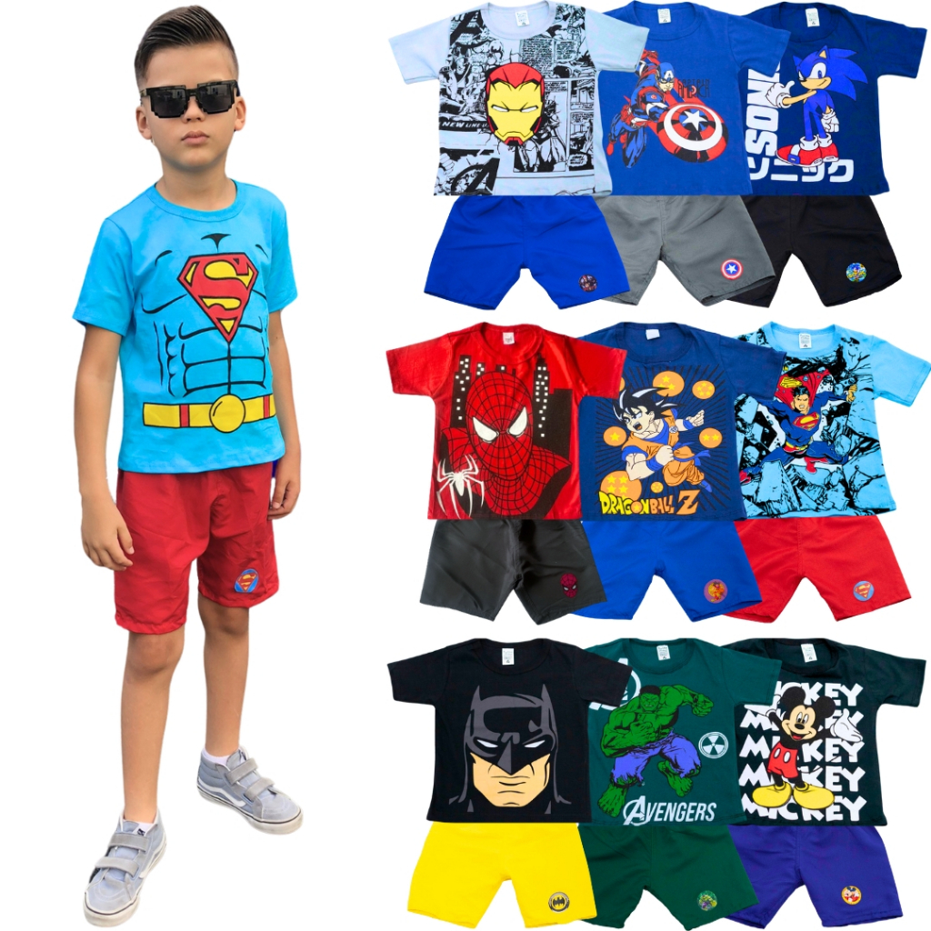 Kit Sortido 10 Conjuntos Infantil - 20 Peças De Roupas Menino 10 Camisetas + 10 Bermudas
