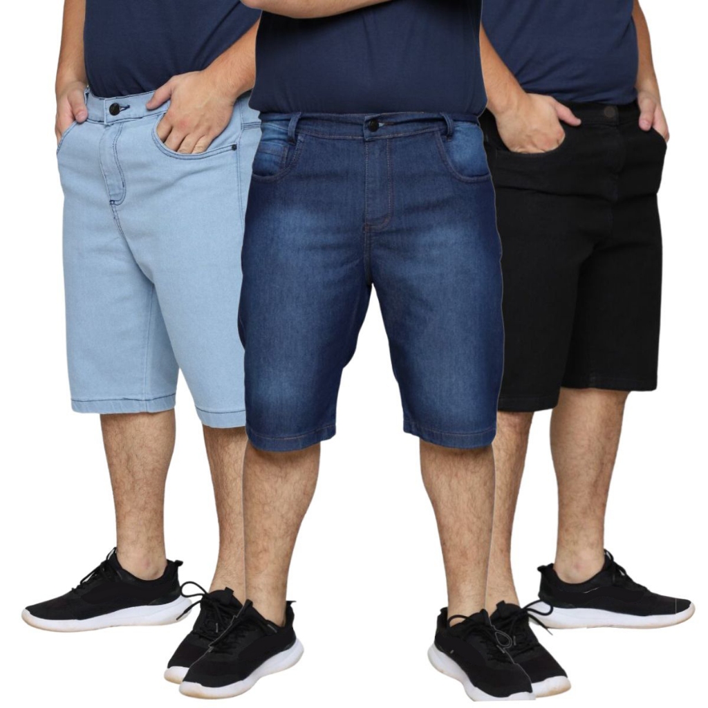 Kit 3 Bermuda Masculina Jeans Plus Size Classica Lycra Elastano Lisa 58 Ao 62
