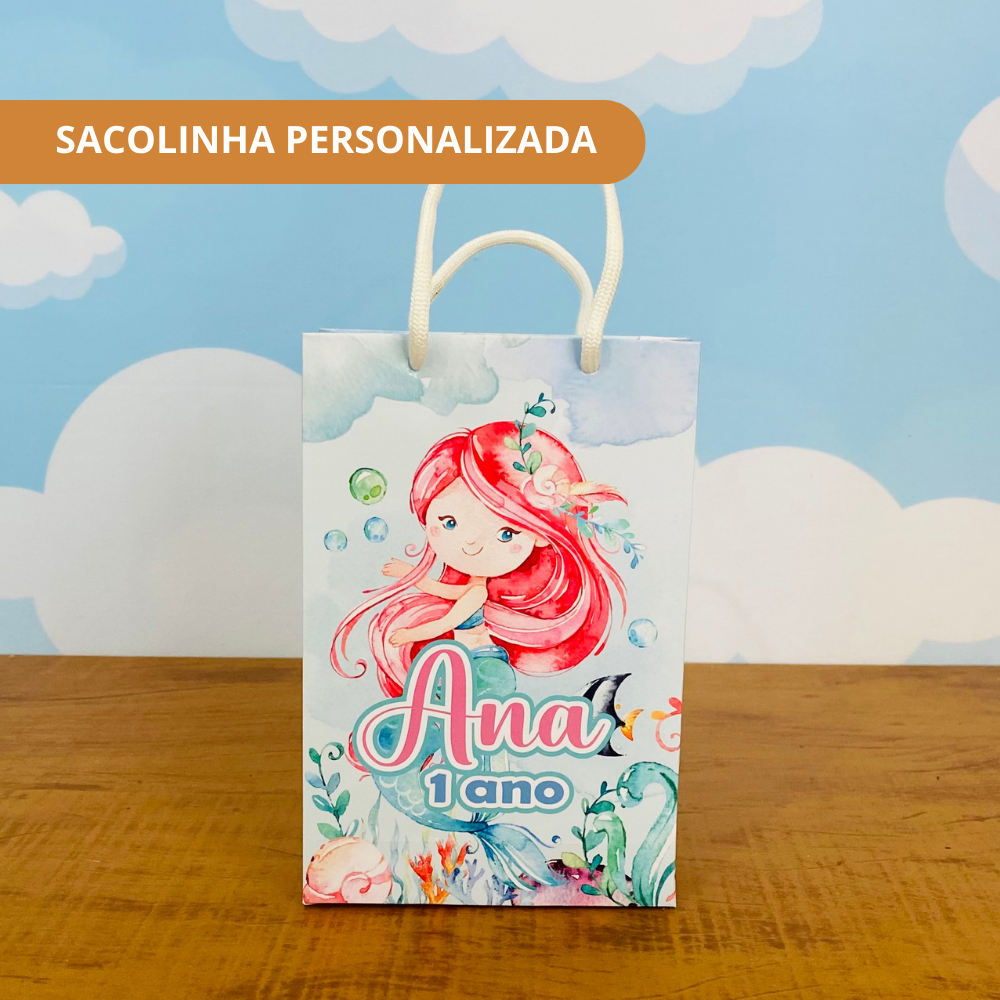 Sacolinha Personalizada SEREIA AQUARELA - JÁ VAI MONTADA