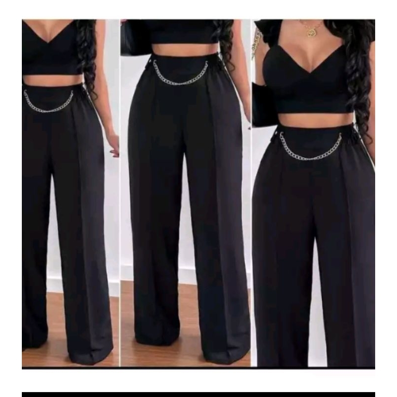 Kit 3 Calça Pantalona Feminina Com Corrente e Com Bolso Cintura Alta