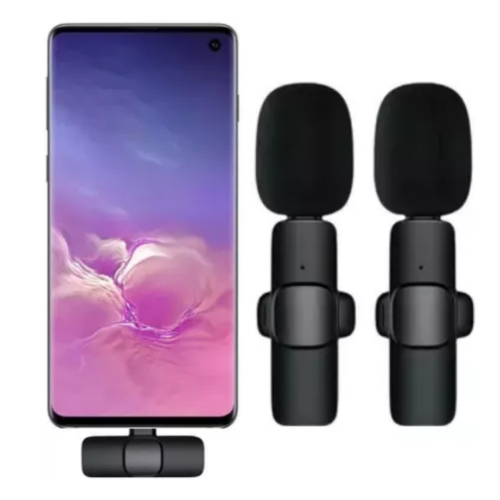 Microfone de Lapela Sem Fio Duplo Lapela Vlog Compatível Tipo C e iPhone