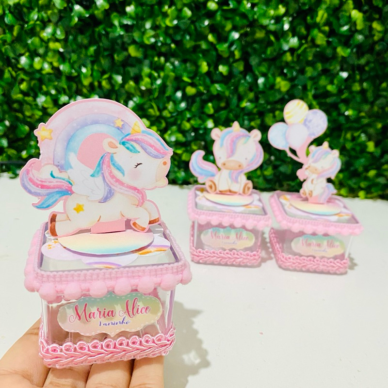 Kit 10 Caixas Acrílica 5x5 Unicórnio Lembrancinha Personalizada Luxo | Festa Infantil
