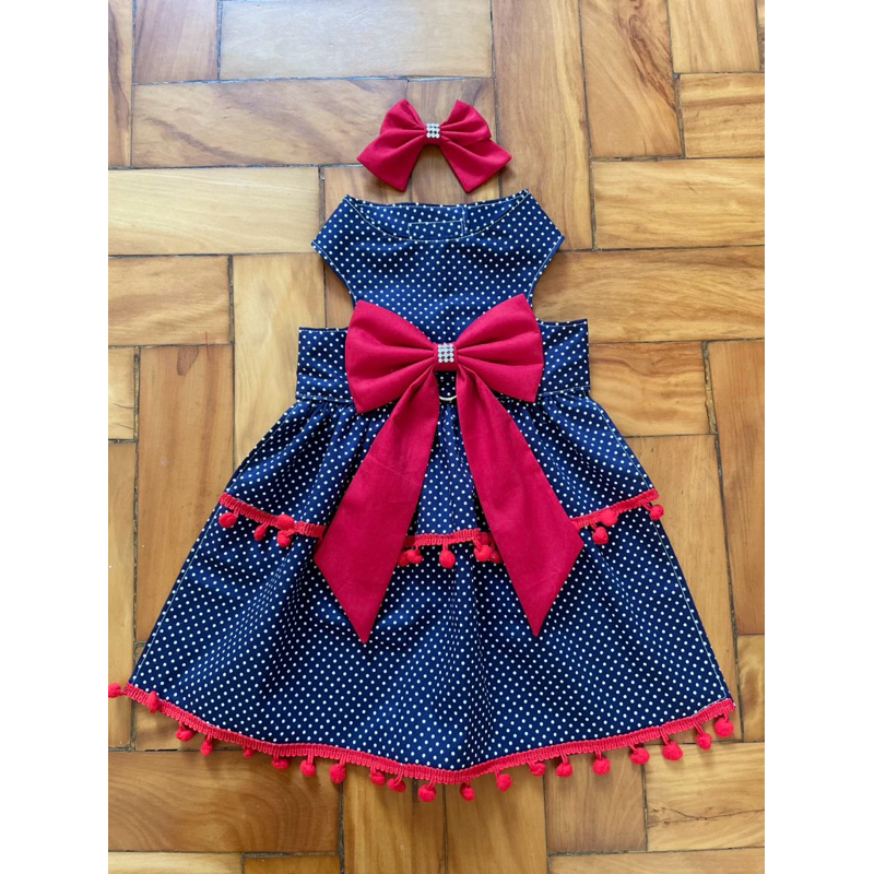 Vestido Pet Poá Azul Marinho + laço em Tricoline premium 100% algodão