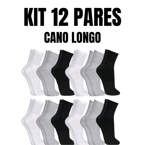 Kit 12 pares de Meias Cano alto medio lisas algodão