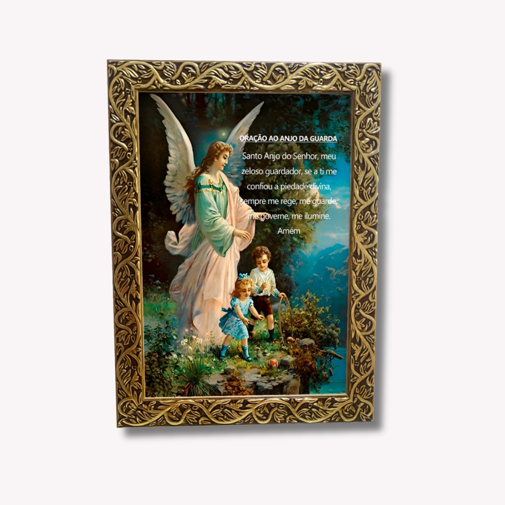 Quadro Decorativo Oração Anjo da Guarda Moldura em Resina com Vidro