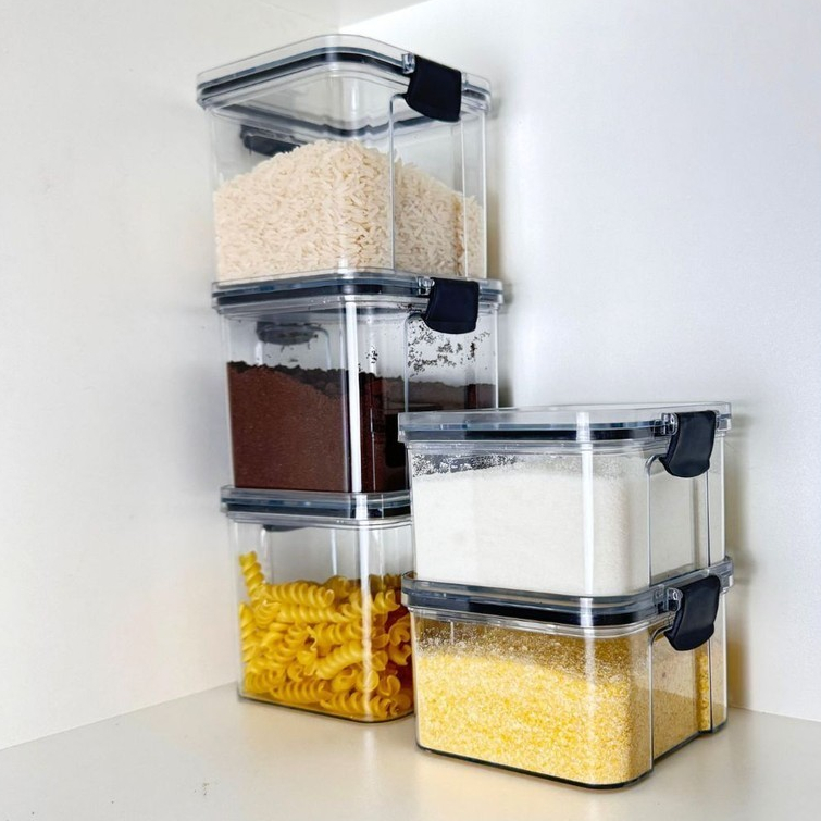 Conjunto de 5 Potes Herméticos em Acrílico Cristal com Trava e Design Empilhável - Organizador para Mantimentos
