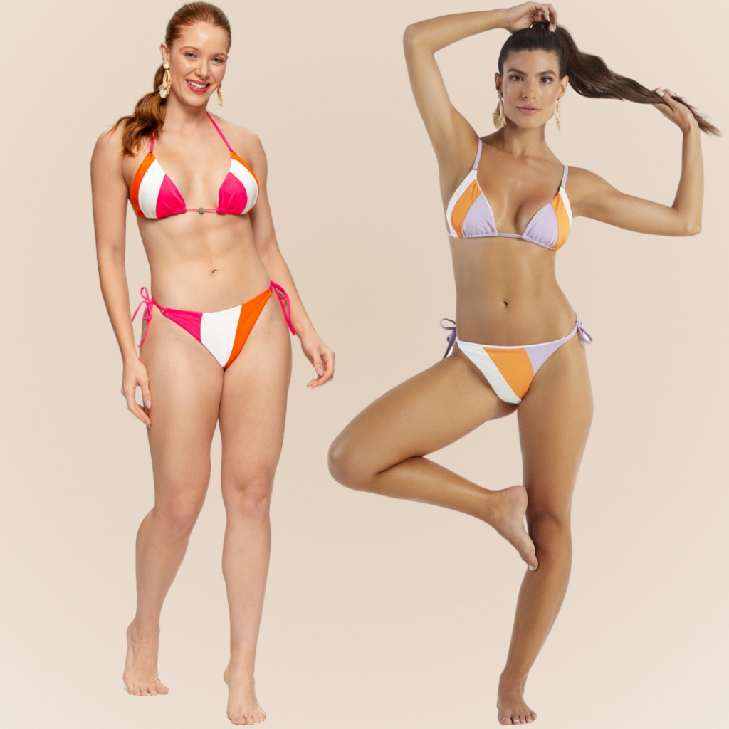 Conjunto de Biquíni Modelo Cortininha com Bojo Removível Alça Fina e Ajustável Calcinha de Amarrar