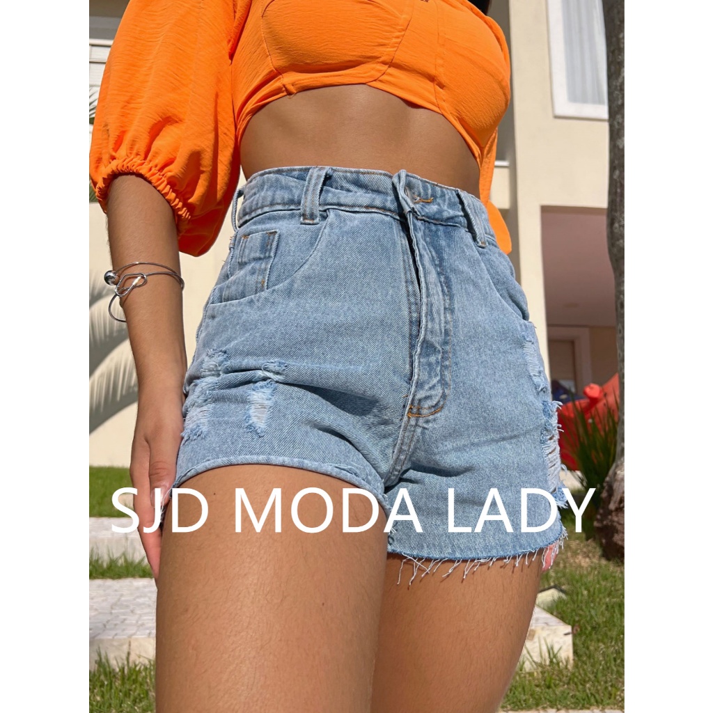 SJD MODA LADY shorts jeans bermudas detalhes desfiados rasgados em Oferta na Shopee