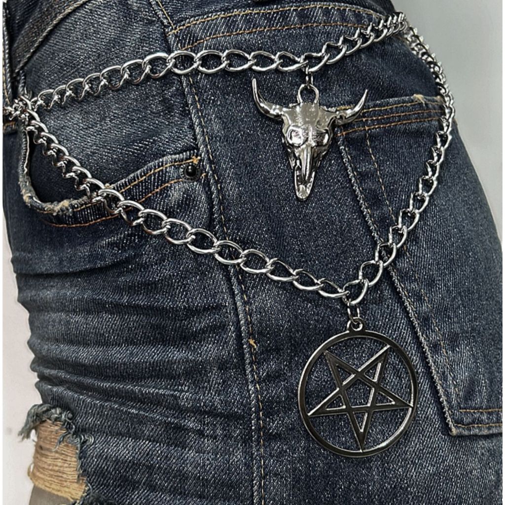 Corrente Dupla Punk Prateado Pentagrama Feminino Rock Promoção