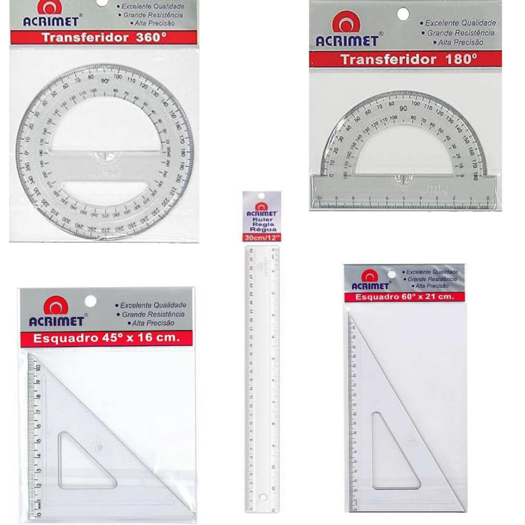 Kit Transferidor Esquadro Régua Para Desenho Escolar e Geometrico 5pç