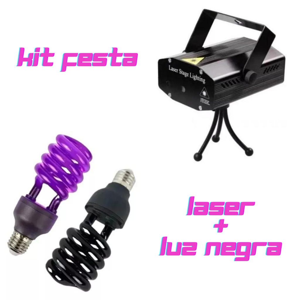 Kit Festa Luz Negra Neon 30w 110v E27 + Mini Laser Projetor Holográfico Efeito Festa
