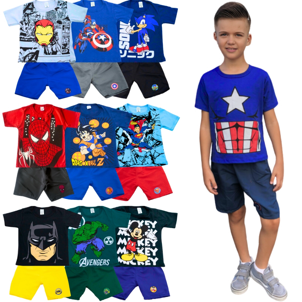 Kit Sortido 5 Conjuntos Infantis - 10 Peças De Roupa Infantil Menino 5 Camisetas e 5 Bermudas em Oferta na Shopee