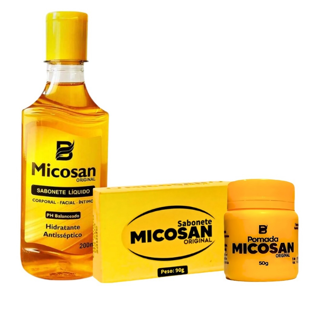 Kit Micosan Com 3 Itens | Pomada + Sabonete Barra + Sabonete Líquido - Clareador de Manchas