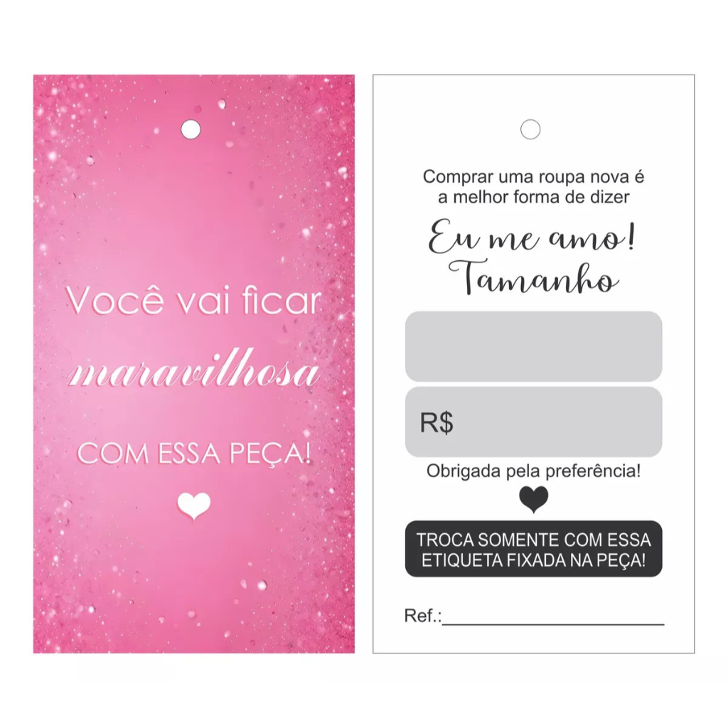 100 Tags Etiquetas para Roupas - Couché 250g - 4x1 - Verniz UV frente - Furo 3mm - Pronta Entrega em Oferta na Shopee