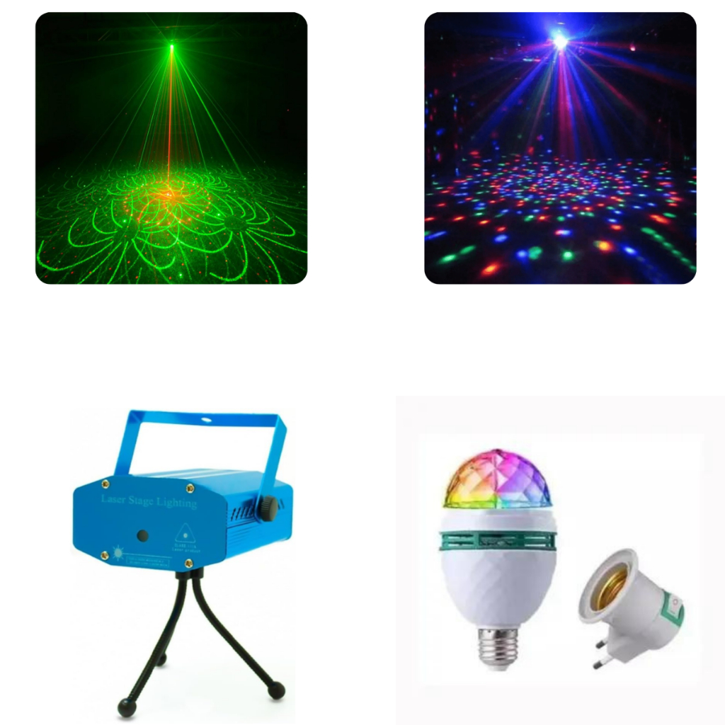 Kit Festa Lâmpada Giratória Globo RGB + Mini Laser Projetor Holográfico Efeito Festa
