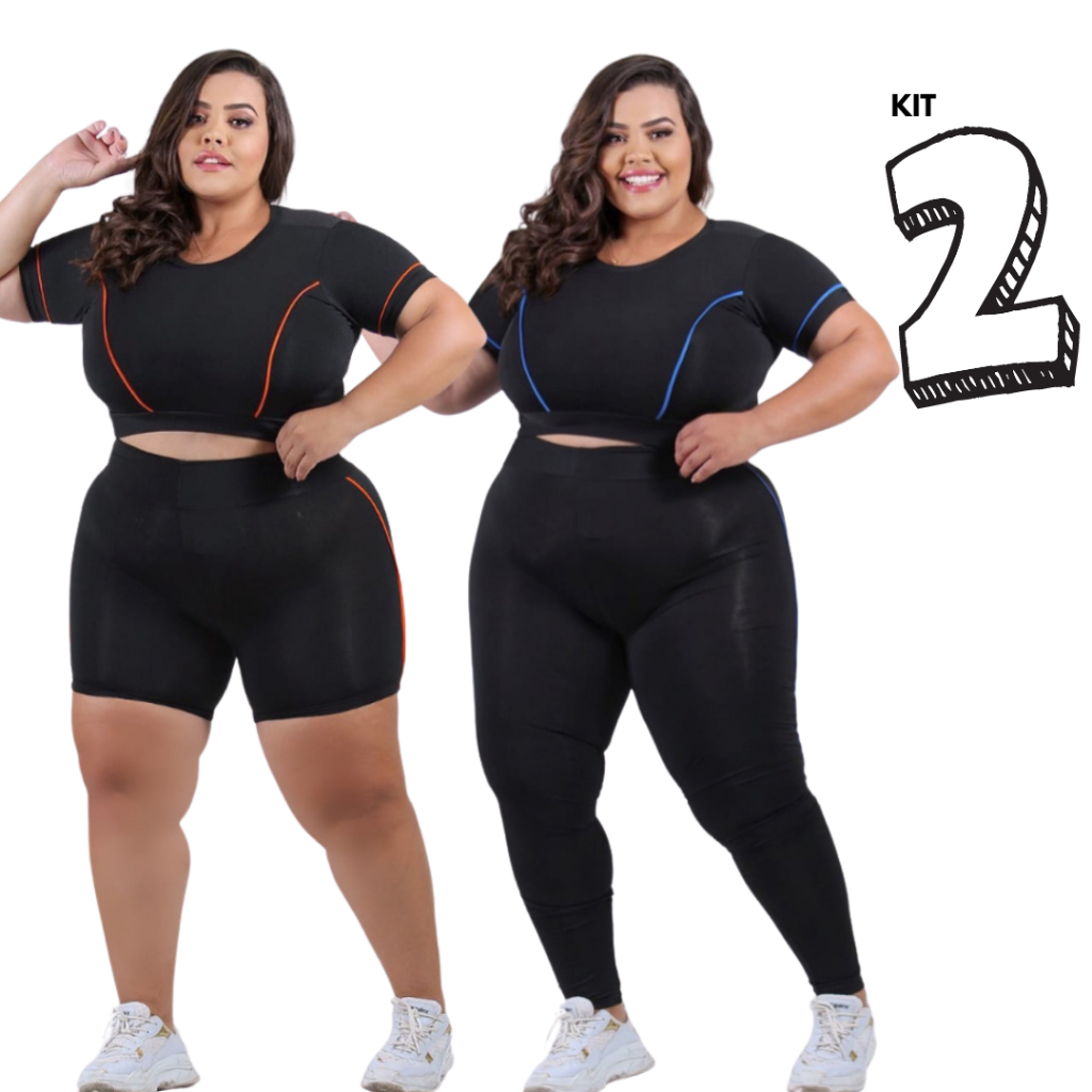 Kit 2 Conjuntos fitness PLUS SIZE Top + Short e Top + Legging GG XGG EXGG academia feminino curves