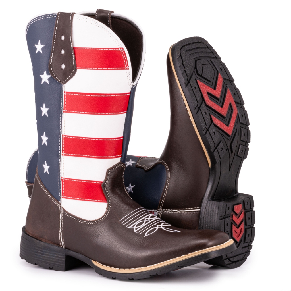 Bota Texana Masculina Country Bico Quadrado Solado Costurado Rodeio Botina Bordado Estados Unidos em Oferta na Shopee