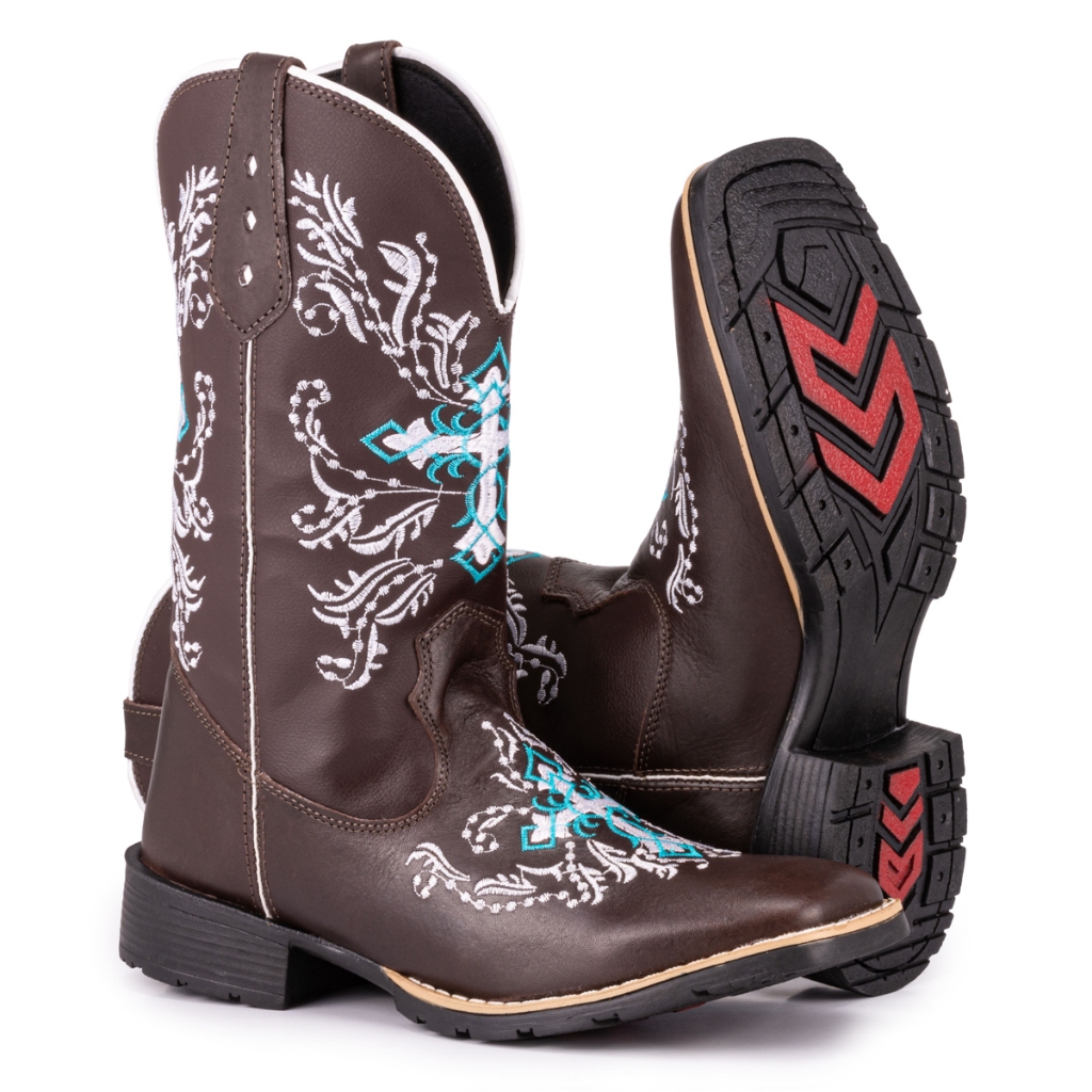 Bota Texana Feminina Country Bico Quadrado Solado Bordado Cruz Azul Espelhada em Oferta na Shopee