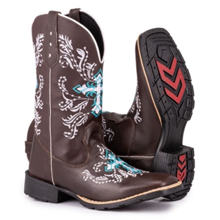 Bota Texana Feminina Country Bico Quadrado Solado Bordado Cruz Azul Espelhada em Oferta na Shopee