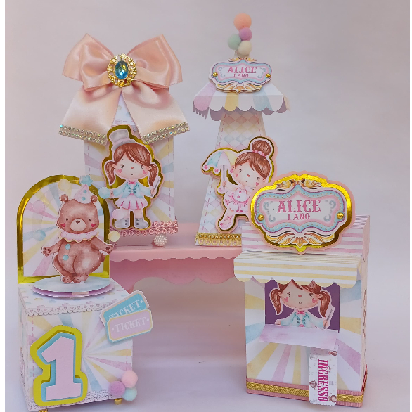 Kit Luxo Festa Circo Rosa Aquarela Caixinhas Personalizadas Papelaria Infantil NÃO É PEGUE E MONTE