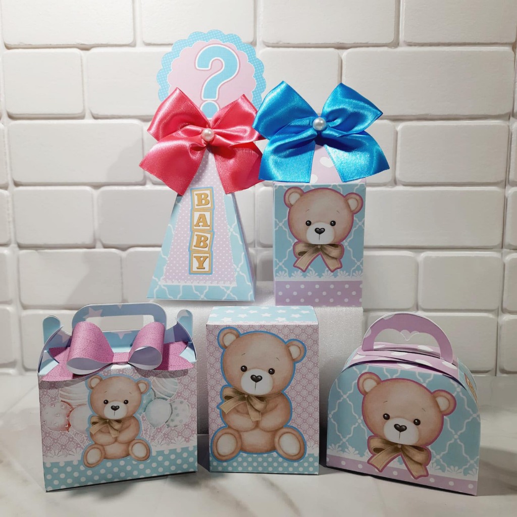 Kit Caixas Personalizados Tema Chá Revelação Ursinho Rosa e Azul - Festa -Mimos - Aniversário (PEGUE E MONTE ou MONTADO)