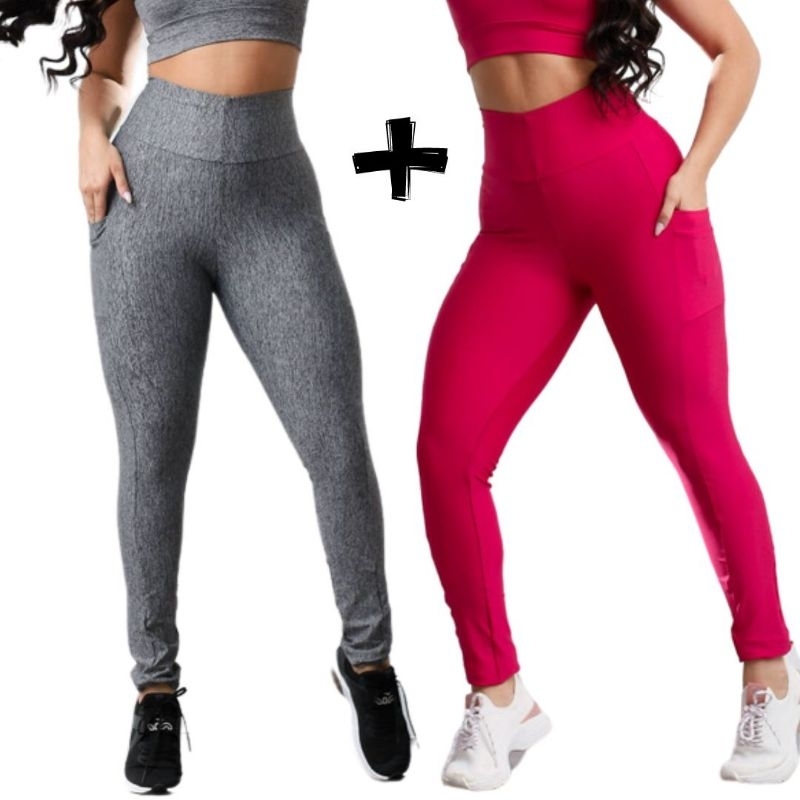 Kit 2 Calças Legging com Bolso zero transparência Fitness feminino academia Treino Suplex premium