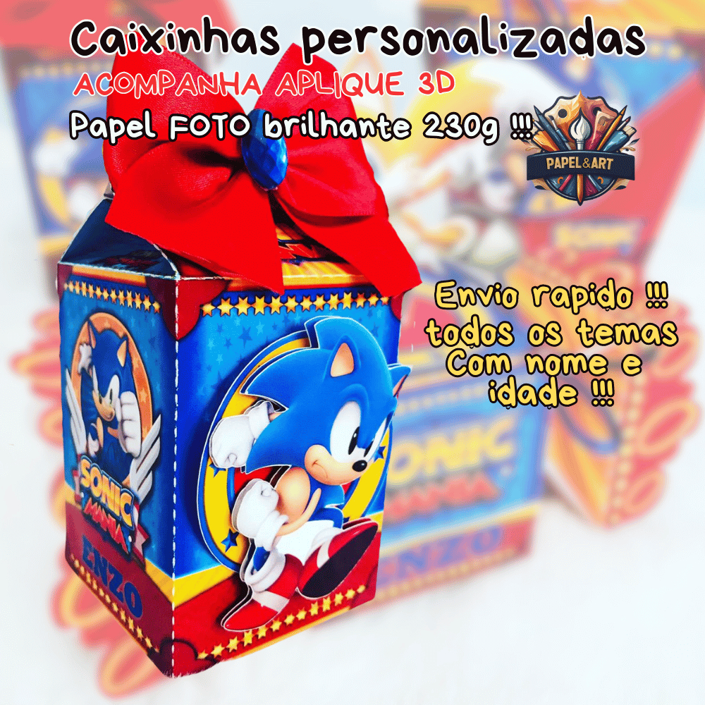 Kit 10un caixinha 3d personalizada Sonic, milk, piramide,bala todos os temas papel premiun 230g