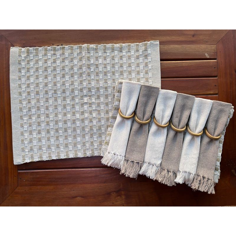 Kit jogo americano 4 e 6 lugares, Luxo, tear, decoração mesa posta com guardanapo e argola