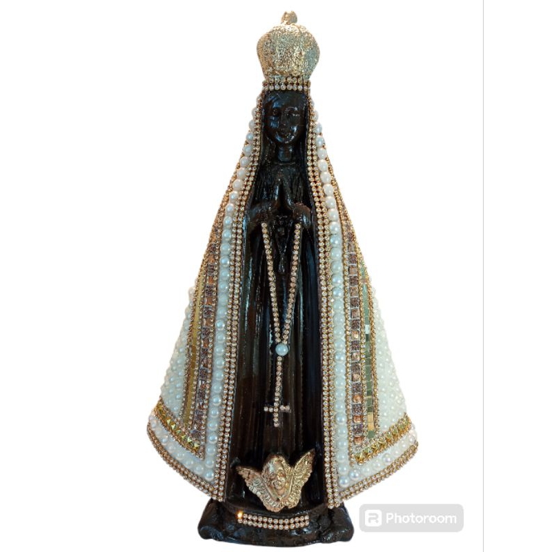 Imagem de Nossa Senhora Aparecida 33cm Marrom de Pérola com Strass de Gesso Italiana!