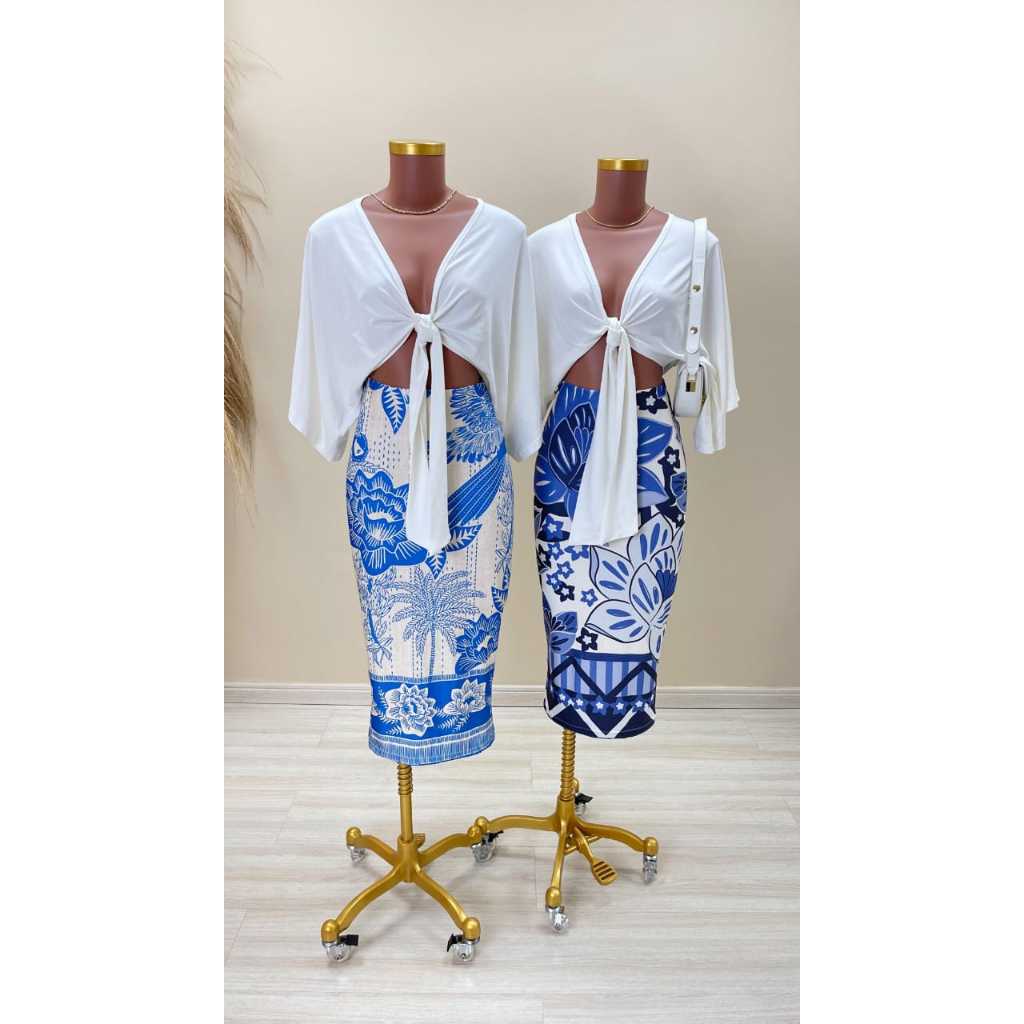 SAIA ANDRESSA - saia midi feminina florida estampa arara flores tendencia moda azul midy