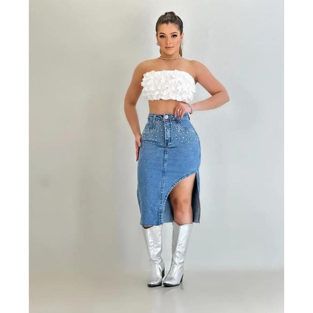 Saia Jeans Midi com Strass Fenda Lateral - ENVIO EM 1 DIA ÚTIL em Oferta na Shopee