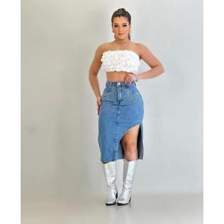 Saia Jeans Midi com Strass Fenda Lateral - ENVIO EM 1 DIA ÚTIL em Oferta na Shopee