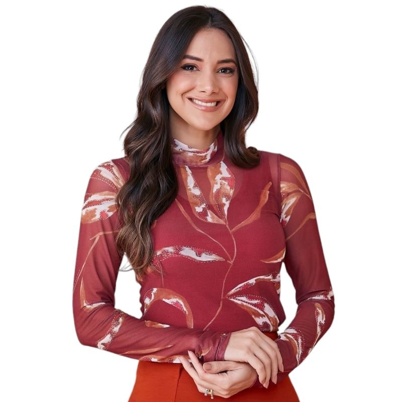 Blusa Ludimila Tatá Martello Tule Marsala Manga Longa