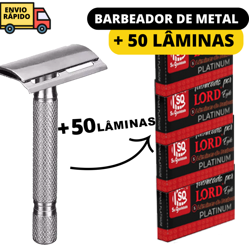 Aparelho De Barbear 1 Barbeador De Metal Durável E 50 Lâminas de Barbear Para Corpo E Rosto Uso Profissional E Pessoal