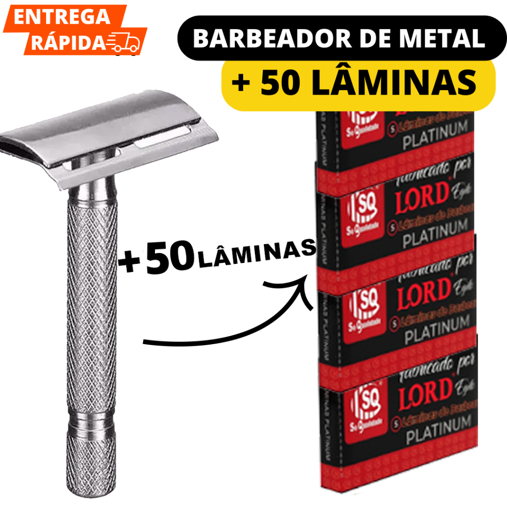 Aparelho De Barbear 1 Barbeador De Metal Durável E 50 Lâminas de Barbear Para Corpo E Rosto Uso Profissional E Pessoal