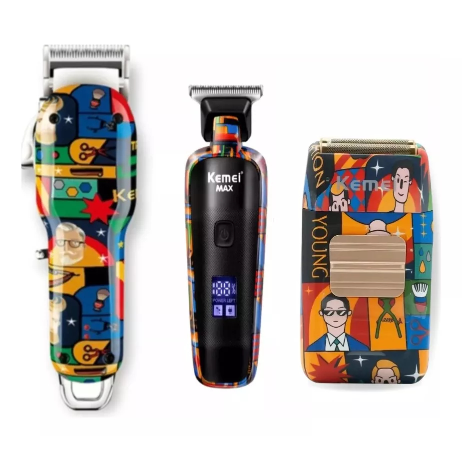 Maquina de Cortar Cabelo e Barba Km Max 2092 + Máquina de Acabamento Km Max 5090 + Máquina Shaver 1102h Kit Barbearia Barbeiro, Kemei 2092 Max Kemei 5090 Max Shaver kemei km 1102 H Pro Kit Colorido