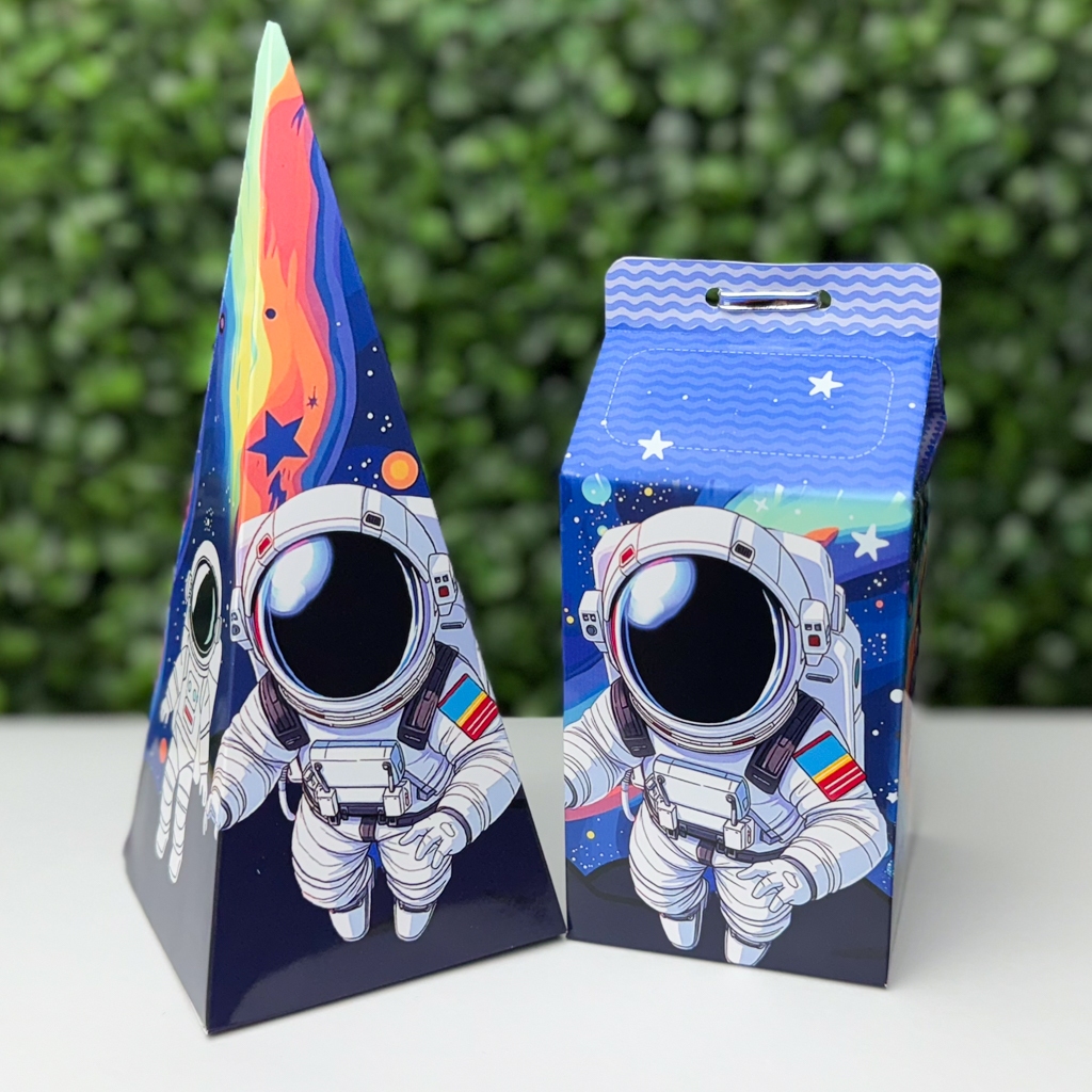 Kit Com 20 Caixinhas de lembrancinha Astronauta Galáxia Pirâmide e Caixa Milk