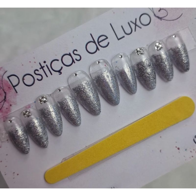 unhas postiças realistas a pronta entrega, com esmaltação em gel, unhas de luxo stileto gliter